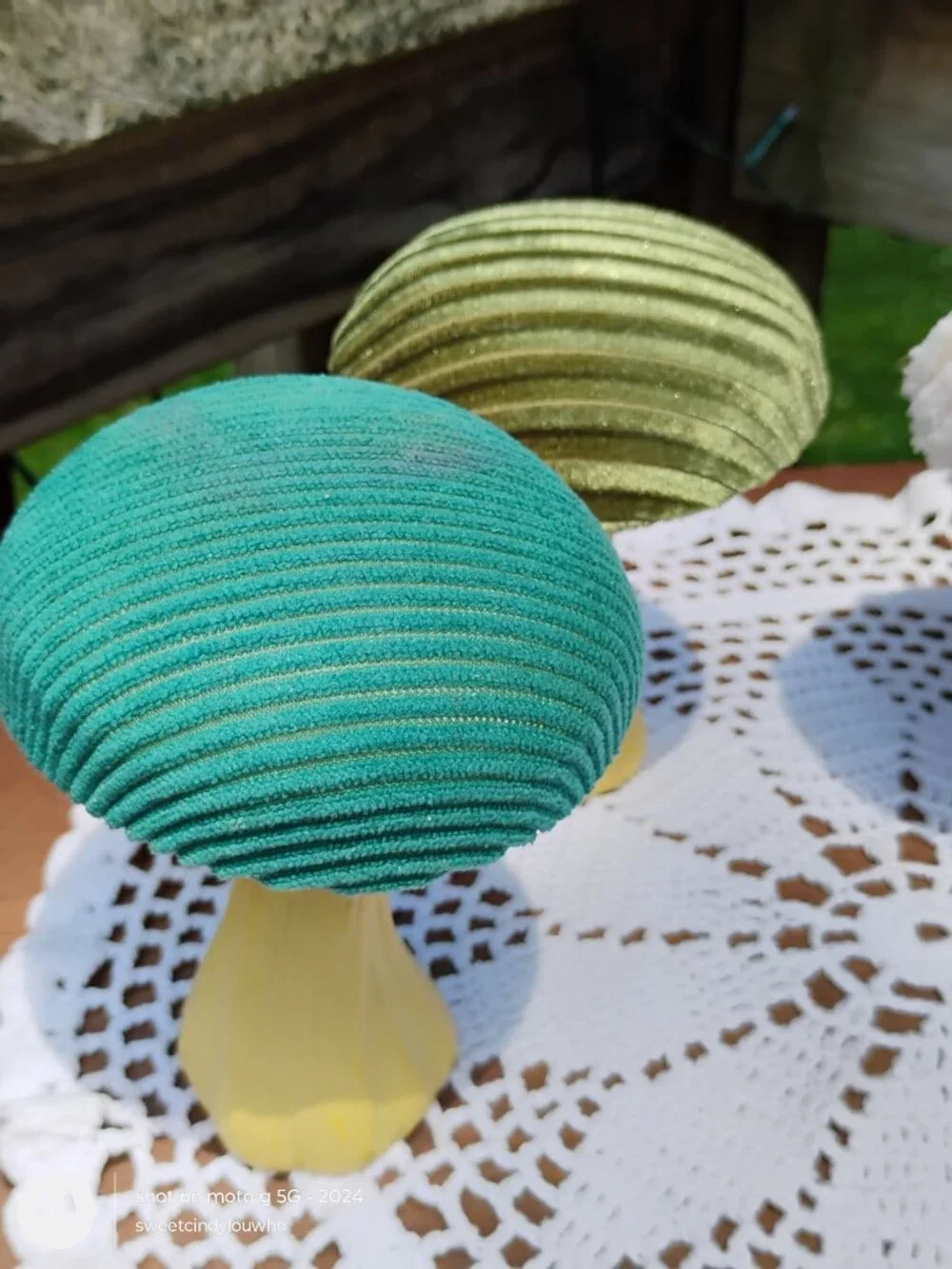 set of 4 decorative velvet corduroy mushroom figurines fabric tops plastic bases